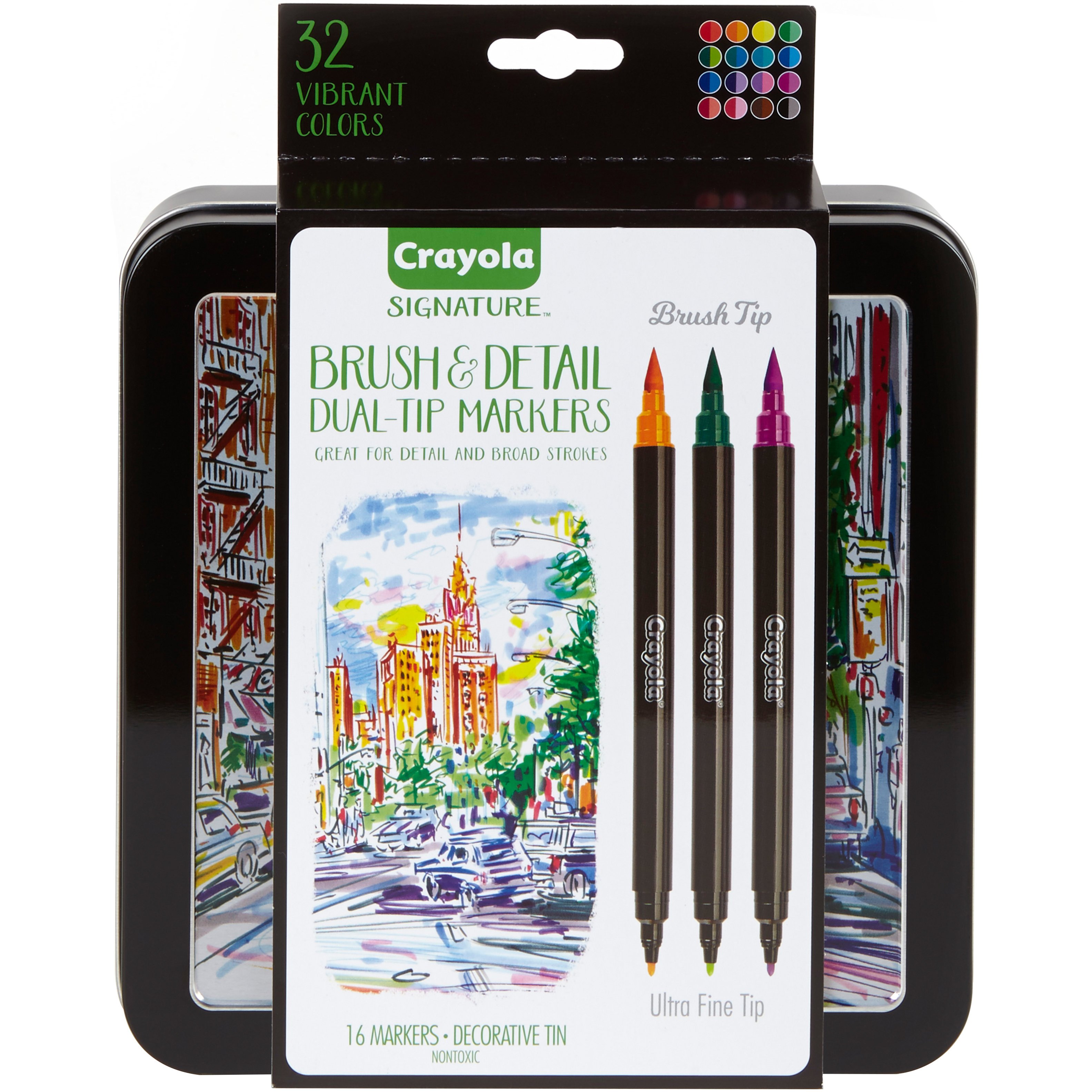 Crayola Signature Brush & Detail Dual-Tip Markers W/Tin-Assorted Colors 16/Pkg